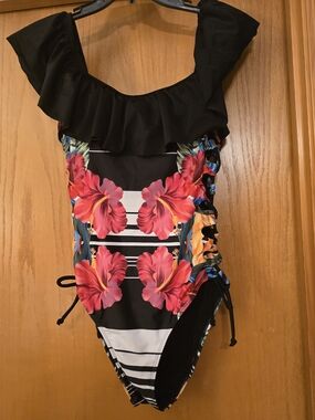 Marilyn Monroe Black One-Piece Swimsuit with Pink Hibiscus & Stripe Panels